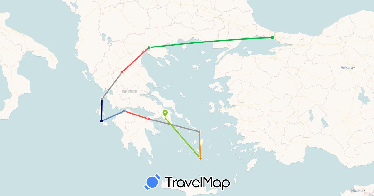 TravelMap itinerary: driving, bus, plane, cycling, hiking, hitchhiking, electric vehicle in Greece, Turkey (Asia, Europe)